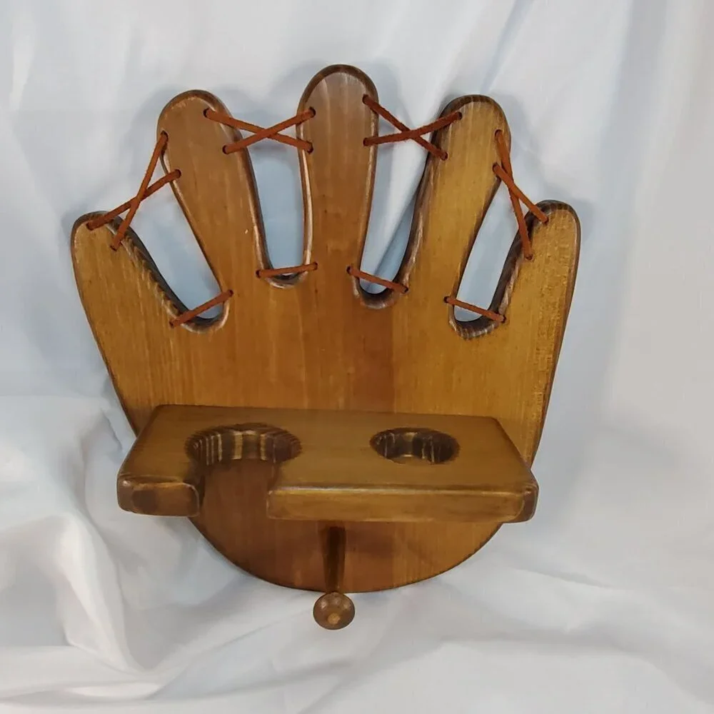 Wooden Baseball Glove Shaped Bat and Ball Holder Display Rack With Peg